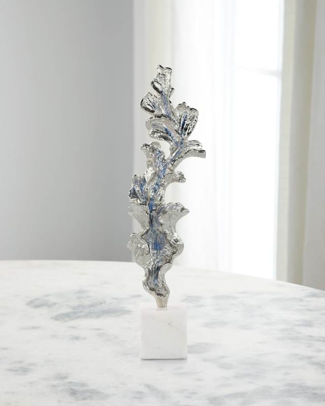 Gleaming Leaf Sculpture on Marble Base, Large
