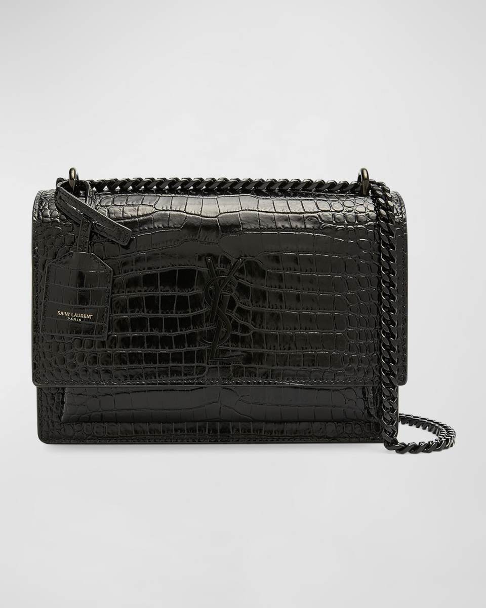 Sunset Medium YSL Crossbody Bag in Croc-Emboassed Leather