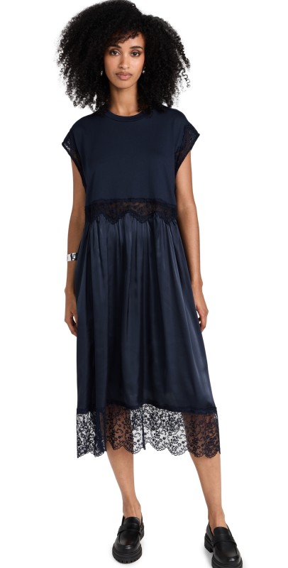 Simone Rochaleevelesatin/Jersey Patchwork T-Shirt Dress Navy