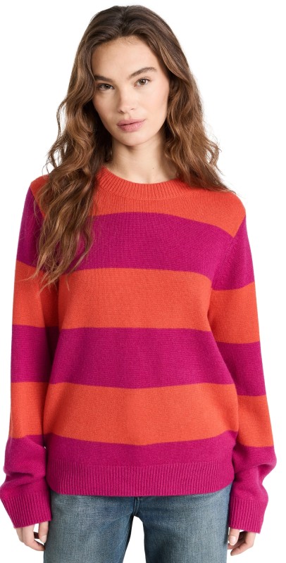 Guest in Residence Stripe Crew Cashmere Sweateragenta/Cherry