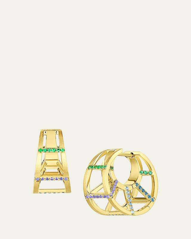 Color Wave 18K Gold Multi-Stone Caged Huggies