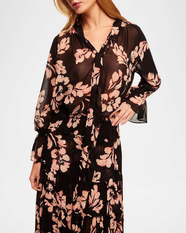Gracie Floral Semi-Sheer Tie Blous