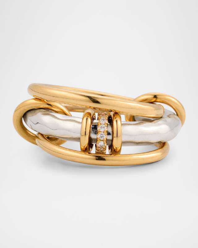 18K Yellow Gold and Silver Hammered Ring with White Diamonds