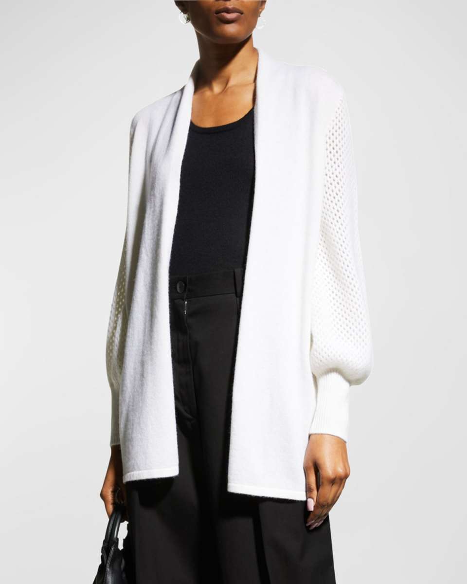 Cashmere Mesh Stitch Blouson-Sleeve Cardigan
