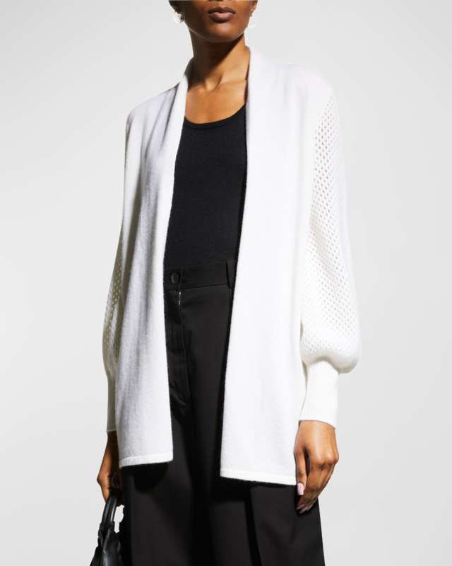 Cashmere Mesh Stitch Blouson-Sleeve Cardigan
