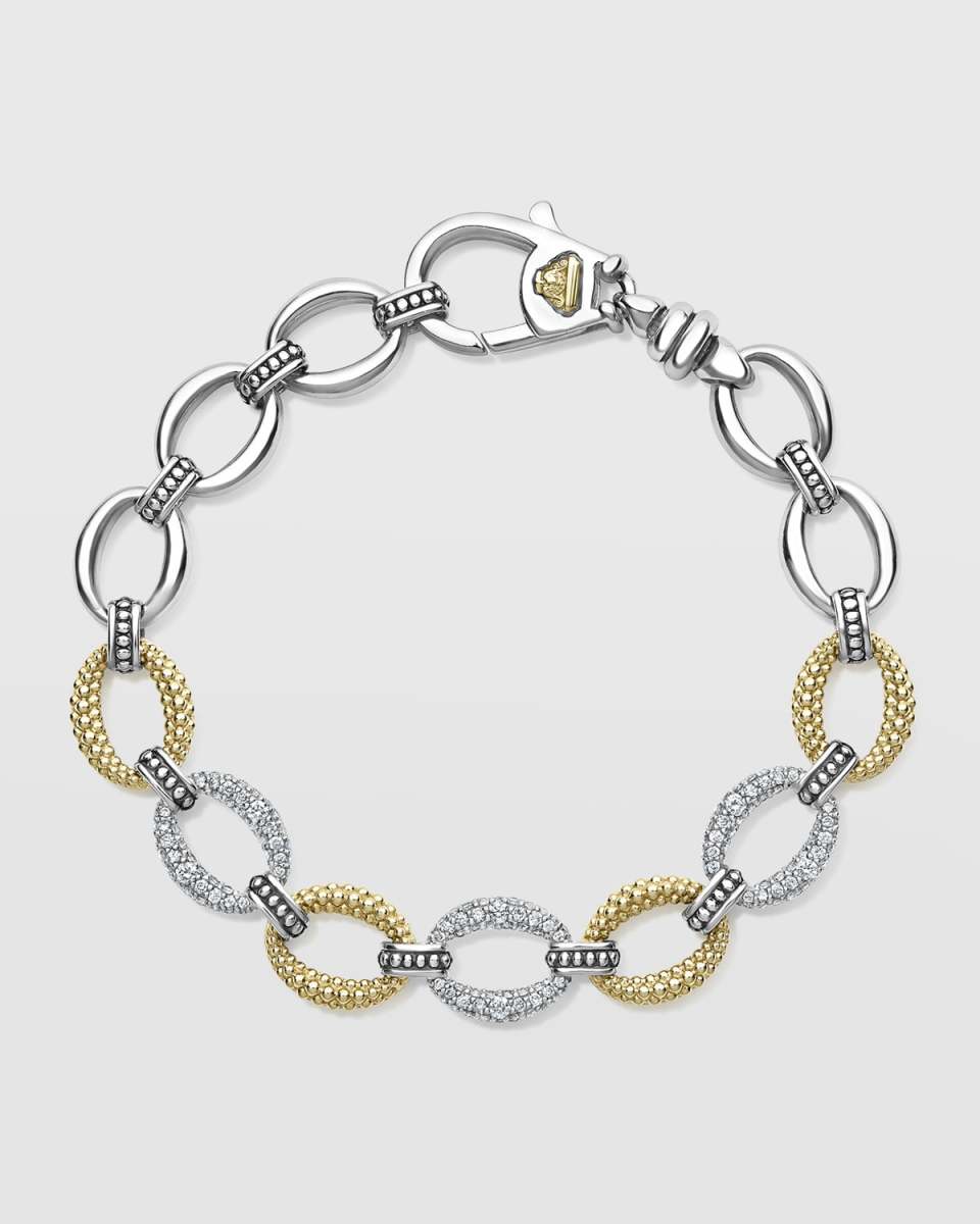 Caviar Lux Two-Tone Three Pave Diamond Station Oval Link Bracelet