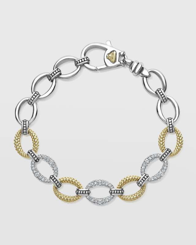 Caviar Lux Two-Tone Three Pave Diamond Station Oval Link Bracelet