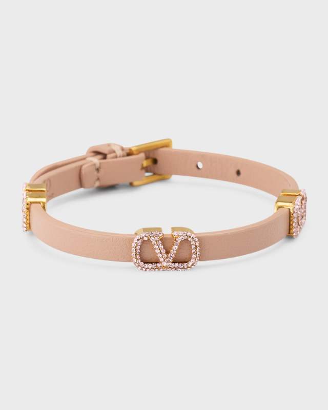 Strass V Logo Signature Leather Bracelet, Rose