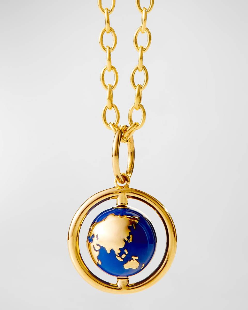 18K Yellow Gold Small Cosmic Rotating Earth Pendant Necklace with Lapis Enamel
