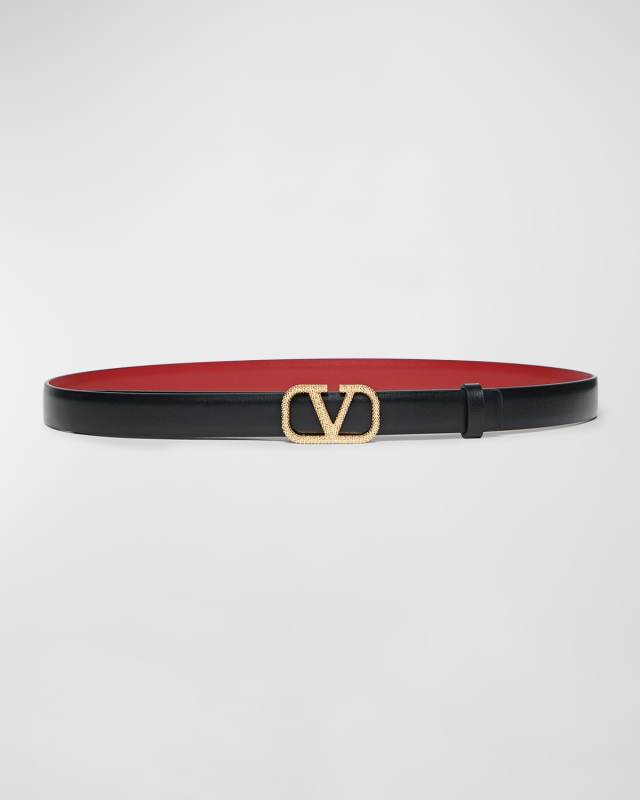 V-Logo Signature Reversible Leather Skinny Belt