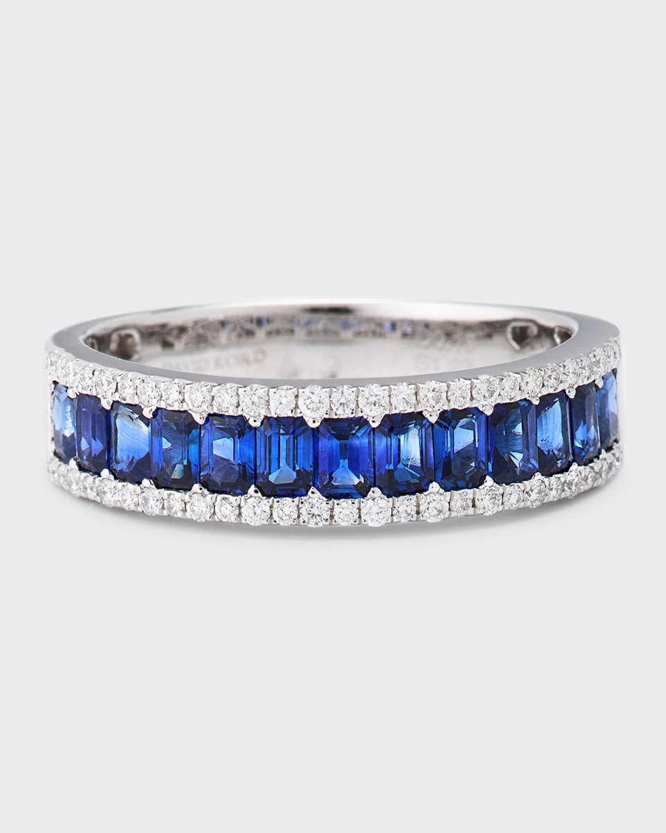 18K White Gold Ring with Blue Sapphires and Diamonds, Size 6.5