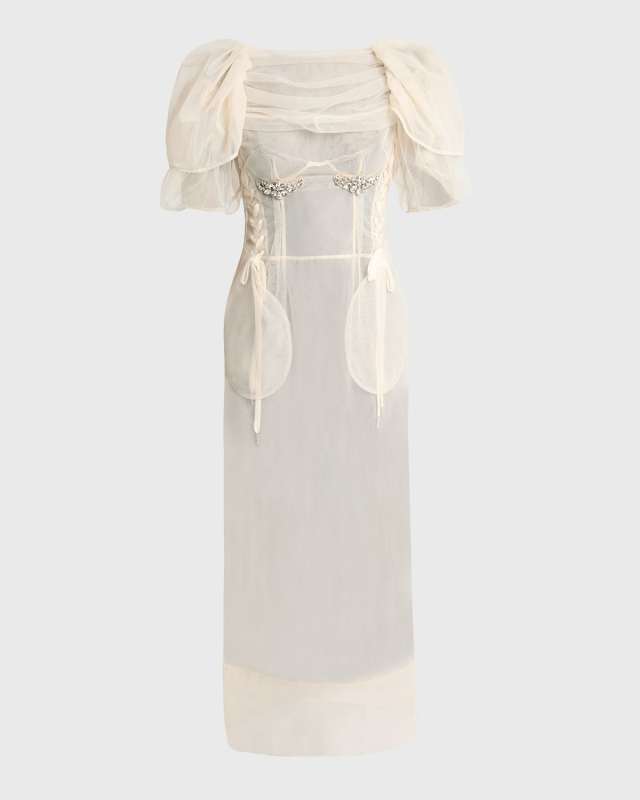 Crystal Petal-Sleeve Laced Corset Midi Dress