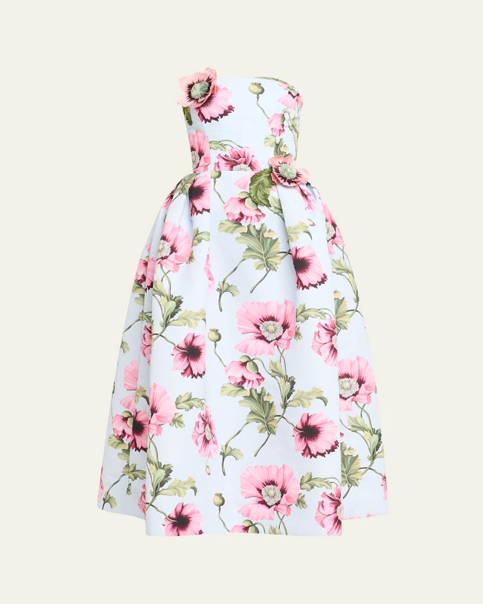 Flower Embroidered Strapless Poppies Faille Midi Dress