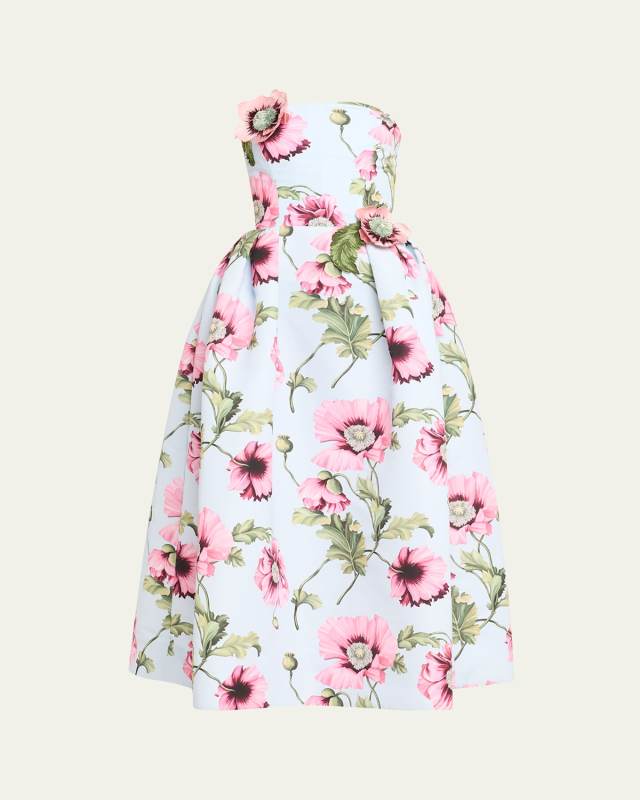 Flower Embroidered Strapless Poppies Faille Midi Dress