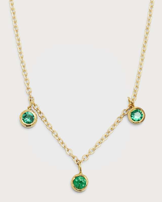 18K Yellow Gold 3 Mini Bezel Dangle Necklace with Emeralds