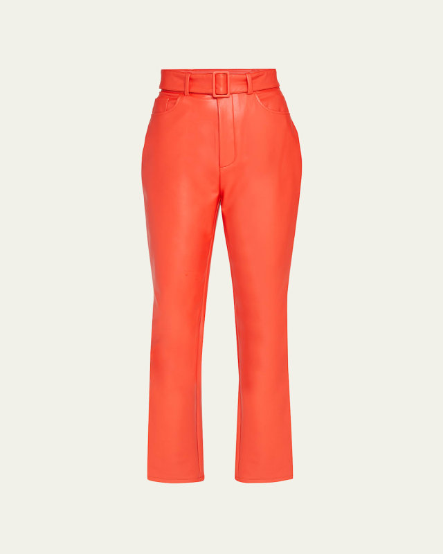 Belted Faux Leather Slim-Leg Pants
