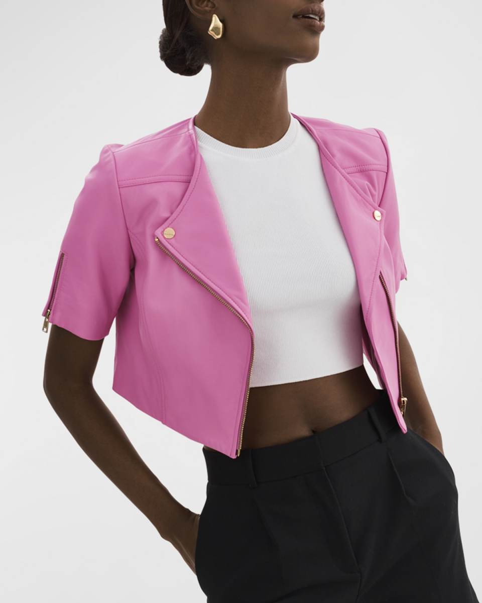 Kirsi Short-Sleeve Leather Biker Jacket