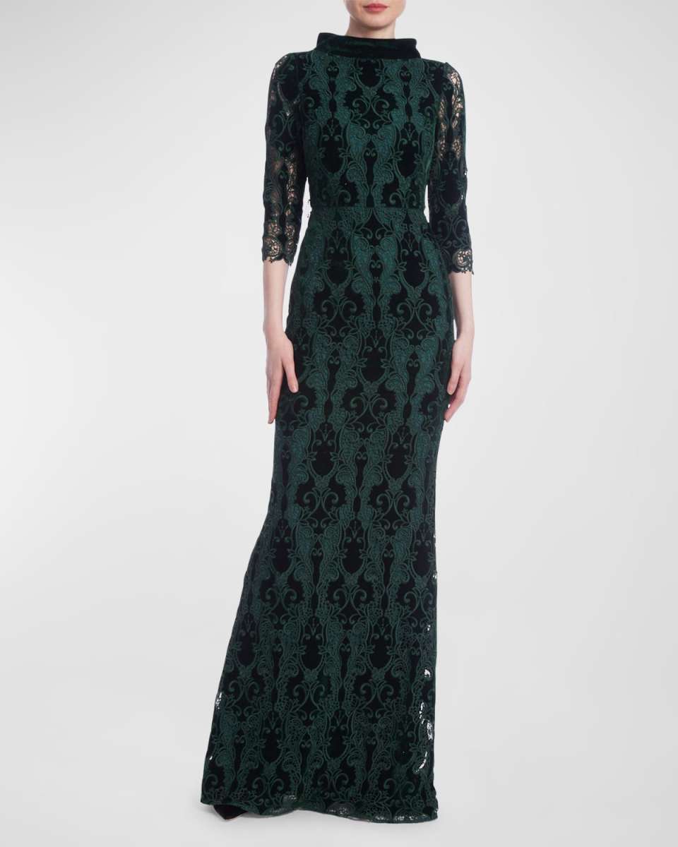 Funnel-Neck Velvet Lace Column Gown