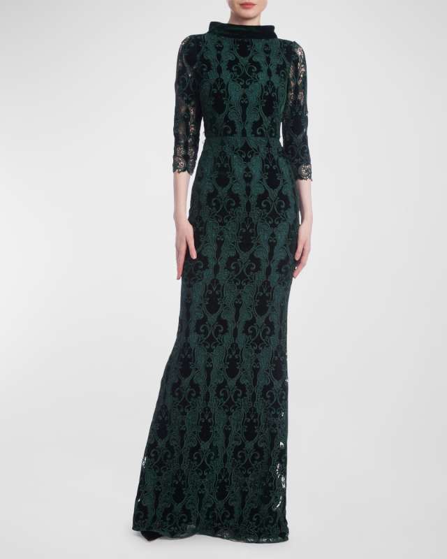 Funnel-Neck Velvet Lace Column Gown