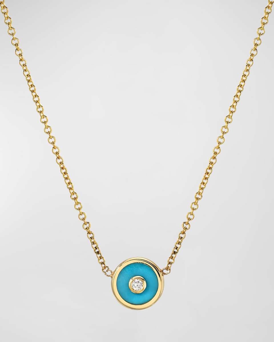 Mini Compass Turquoise Pendant Necklace with Diamond Center