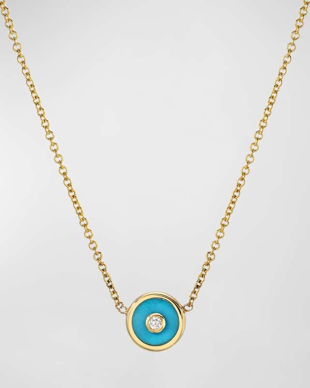 Mini Compass Turquoise Pendant Necklace with Diamond Center