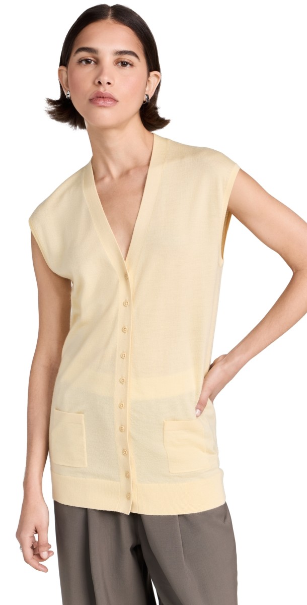 Tibi Cashmere Silk Blend Sleeveless Button Down Sweater Lemon Ice