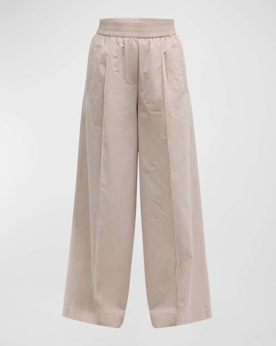 Pinstripe Cotton Wide-Leg Pull-On Trousers