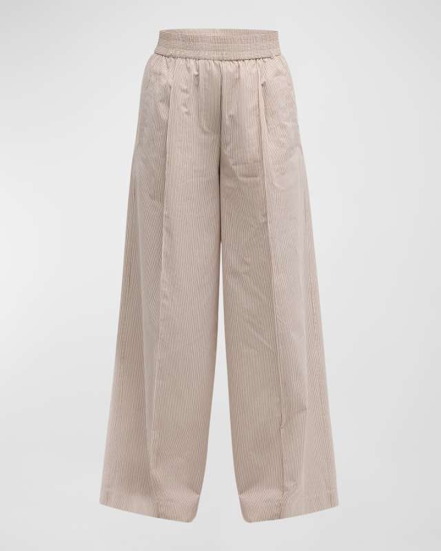 Pinstripe Cotton Wide-Leg Pull-On Trousers