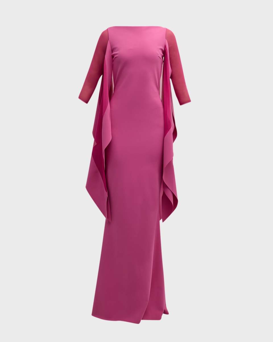 Kacey Illusion-Sleeve Cape Gown