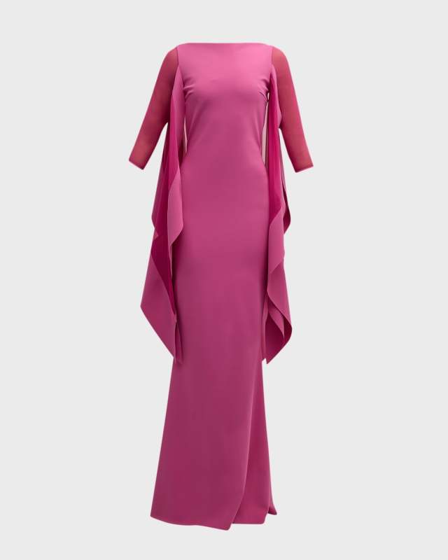 Kacey Illusion-Sleeve Cape Gown