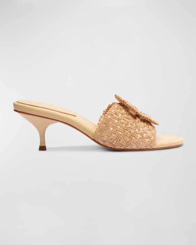 Cinna Raffia Buckle Kitten-Heel Mule Sandals