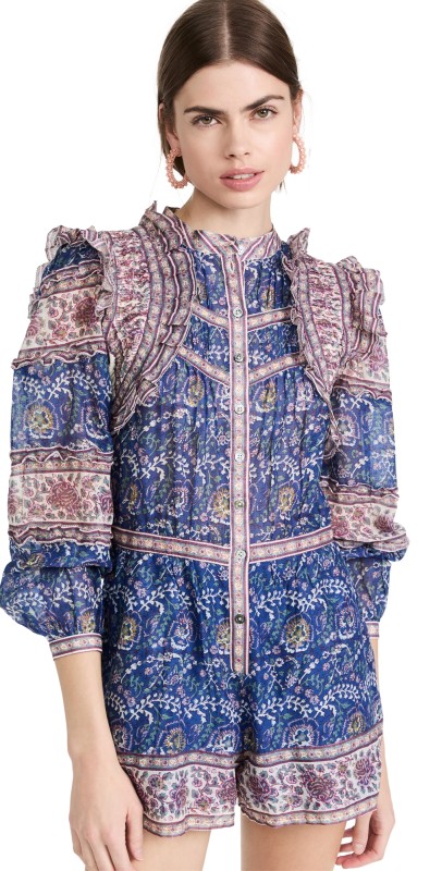Sea Rosita Border Long Sleeve Romper Blue