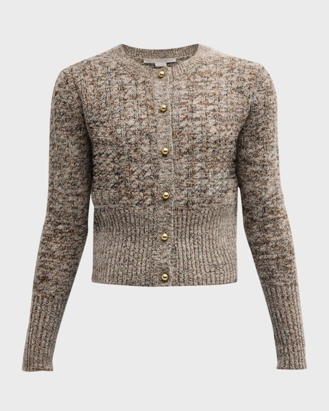 Marble-Button Crewneck Cable-Knit Cardigan