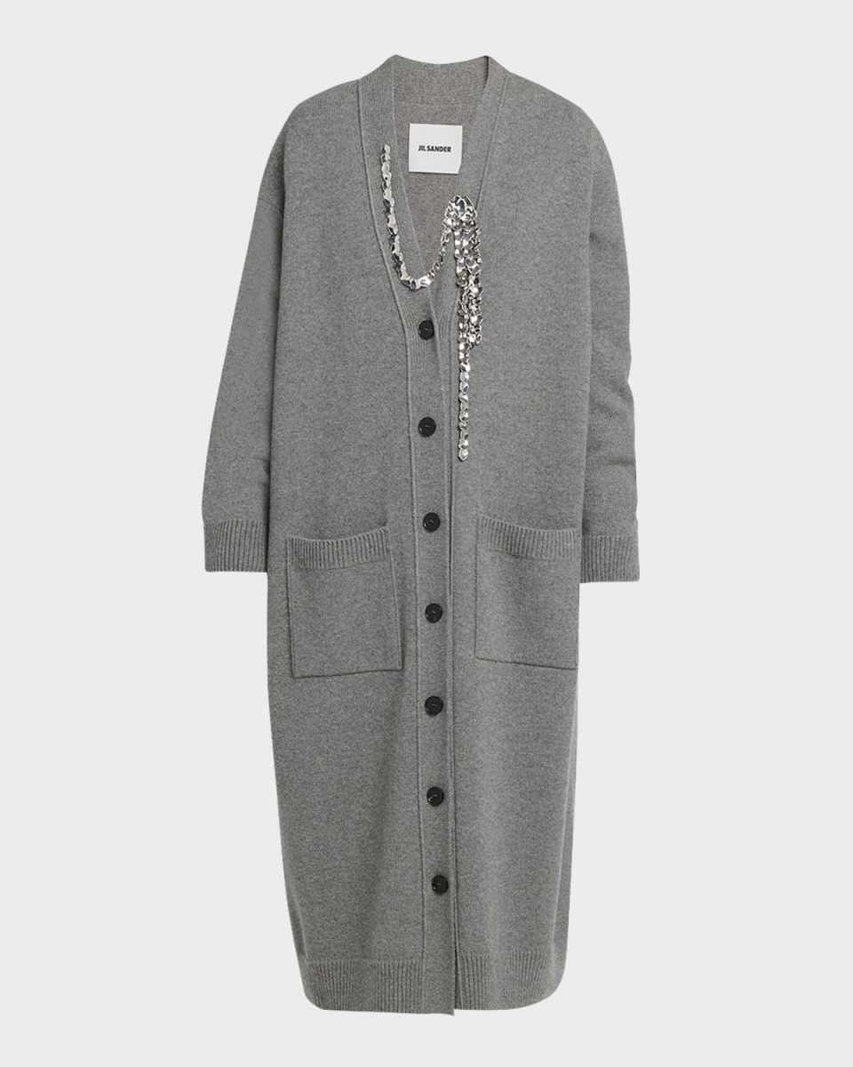 Chain-Detail Long Wool-Cashmere Cardigan