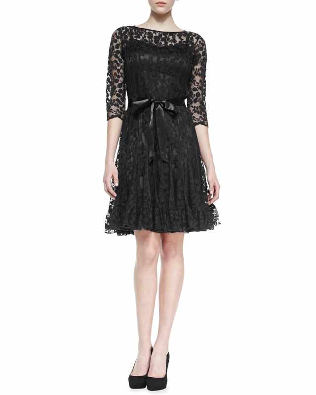 3/4-Sleeve Lace Overlay Cocktail Dress