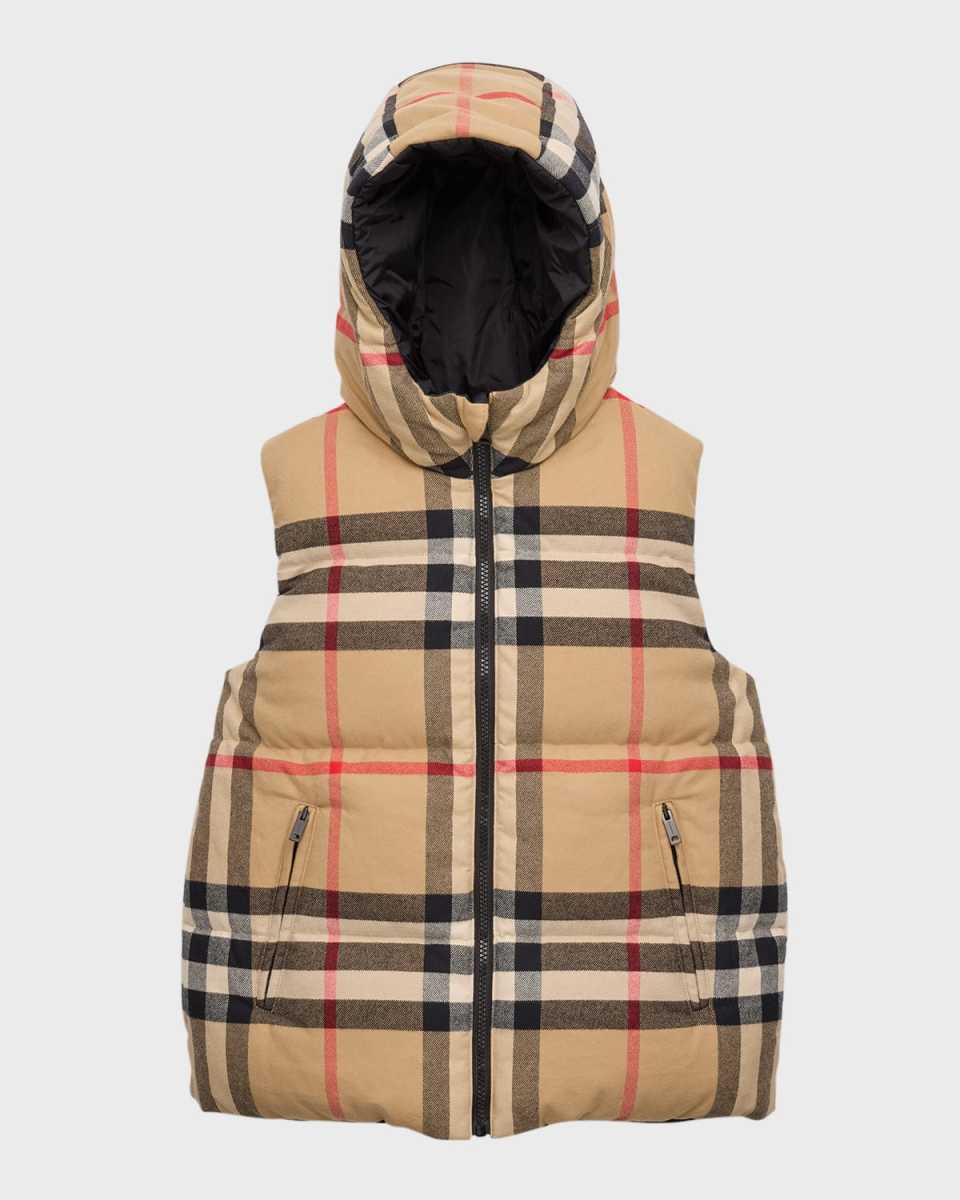 Boy's Rainer Check-Print Hooded Vest, Size 3-14