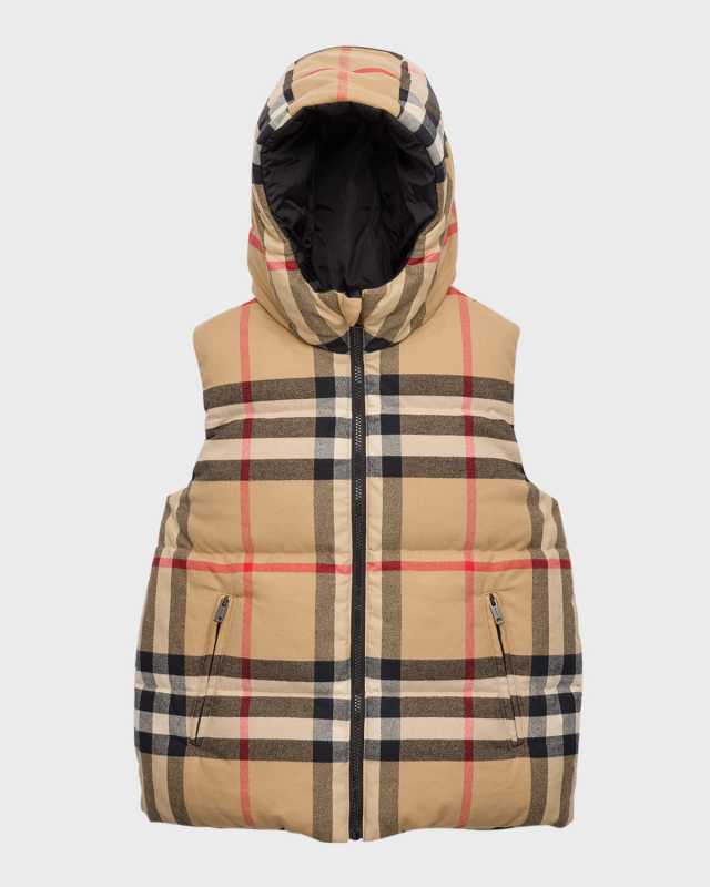 Boy's Rainer Check-Print Hooded Vest, Size 3-14