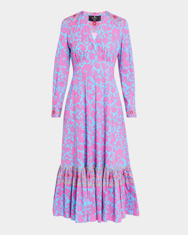 Trellis-Print Long-Sleeve Flounce Cotton Midi Dress