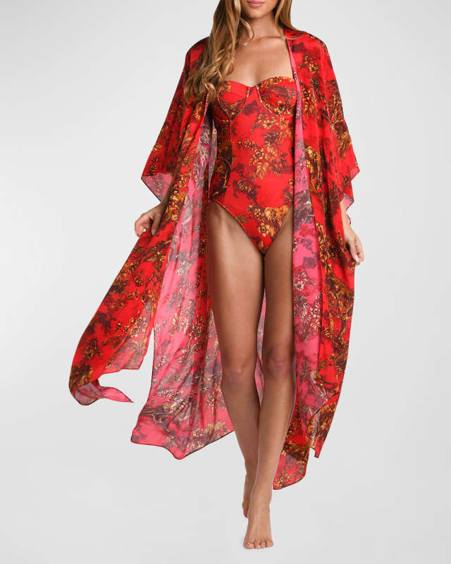 Kara Red Jungle Maxi Kimono Coverup