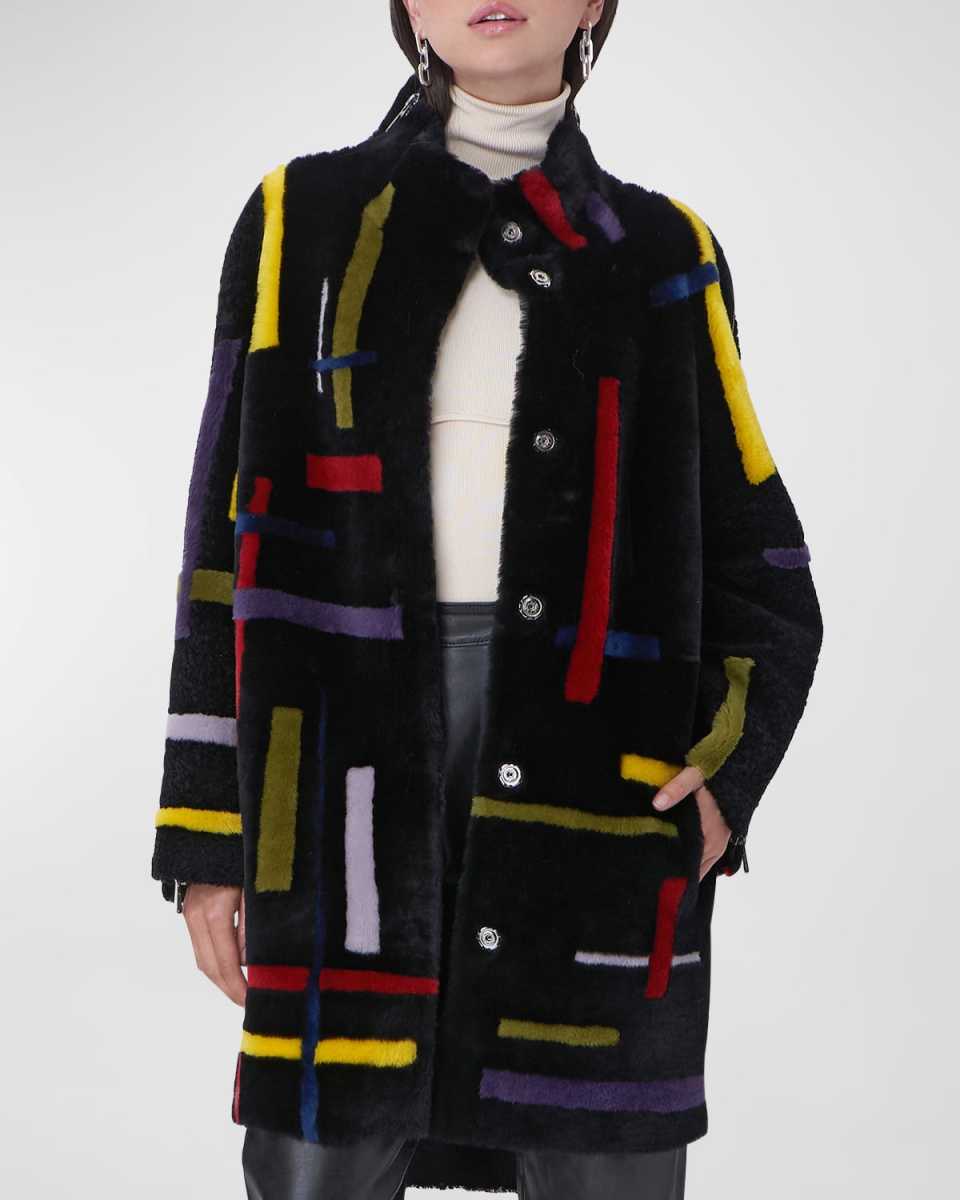 Abstract-Intarsia Shearling Lamb Zipper-Side Stroller Coat