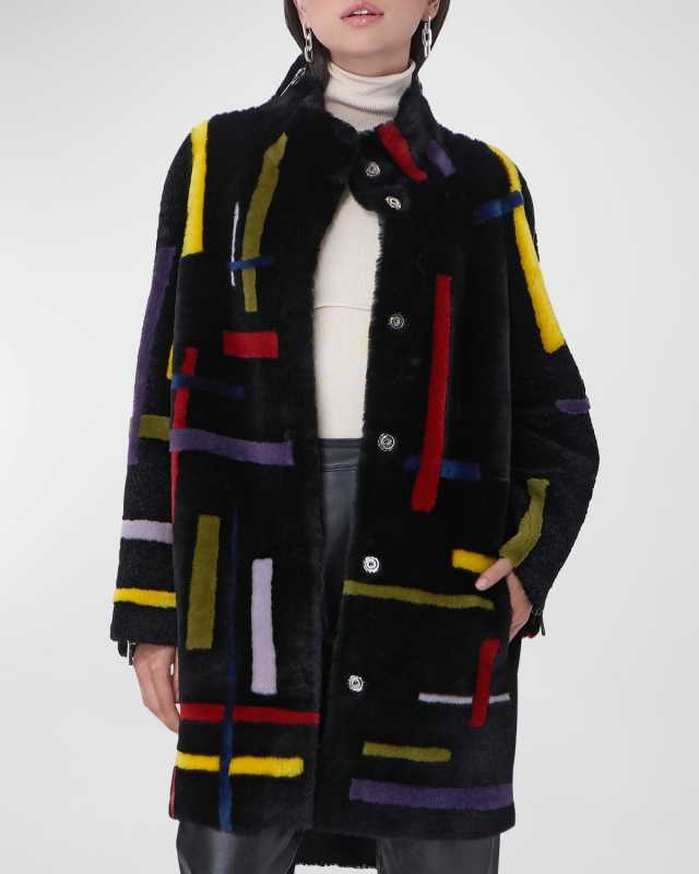 Abstract-Intarsia Shearling Lamb Zipper-Side Stroller Coat