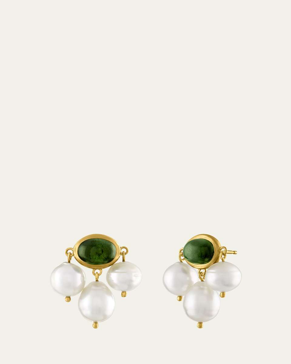 Green Tourmaline Golden South Sea Pearl Unda Stud Earrings