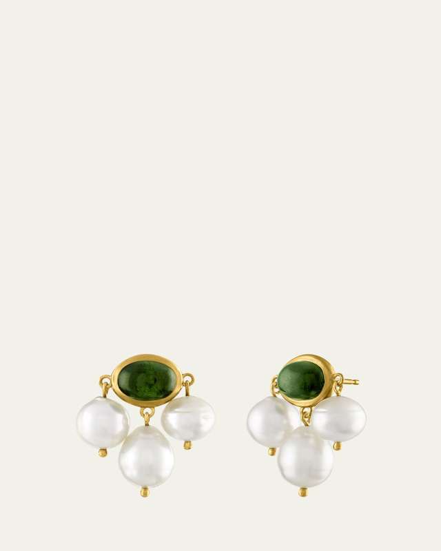 Green Tourmaline Golden South Sea Pearl Unda Stud Earrings