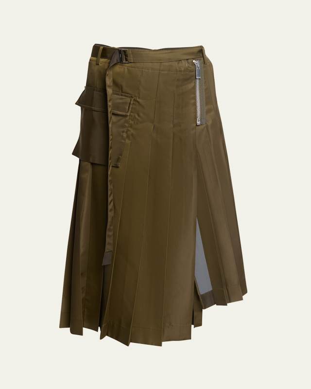 Pleated Asymmetric Belted Nylon Midi Skirt