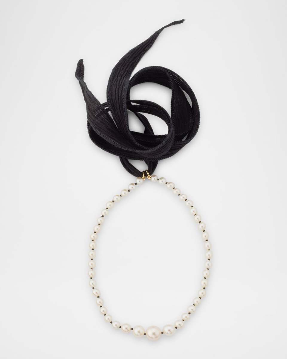 14K Yellow Gold and Silk Choker Necklace with 5-9mm Freshwater Pearls