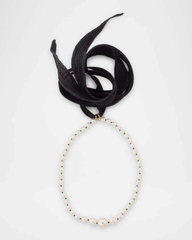 14K Yellow Gold and Silk Choker Necklace with 5-9mm Freshwater Pearls