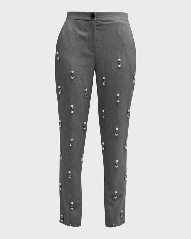 Elliott Crystal Pearlescent Embroidered Straight-Leg Ankle Pants