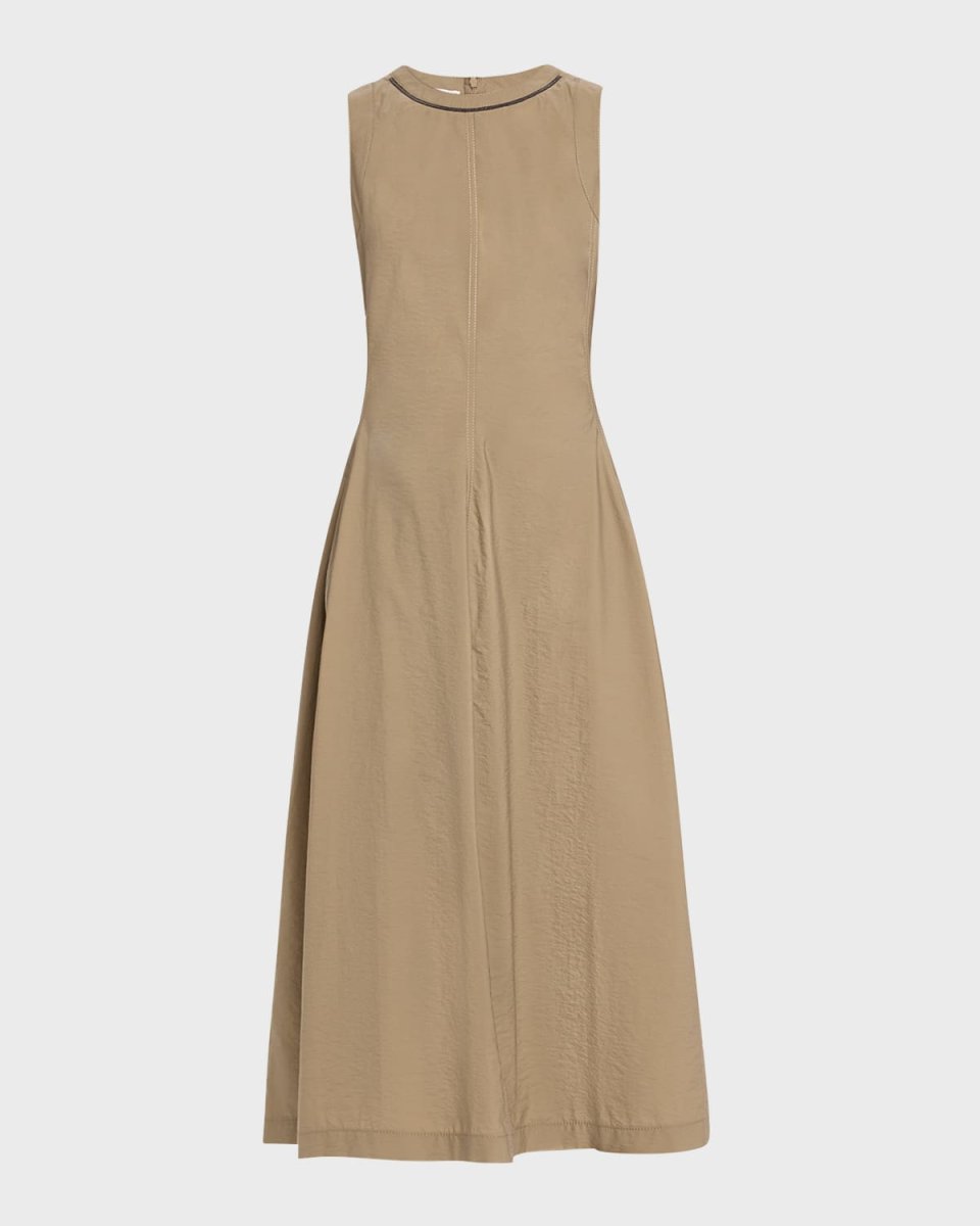 Techno Cotton Popeline Midi Dress with Monili Collar Detai