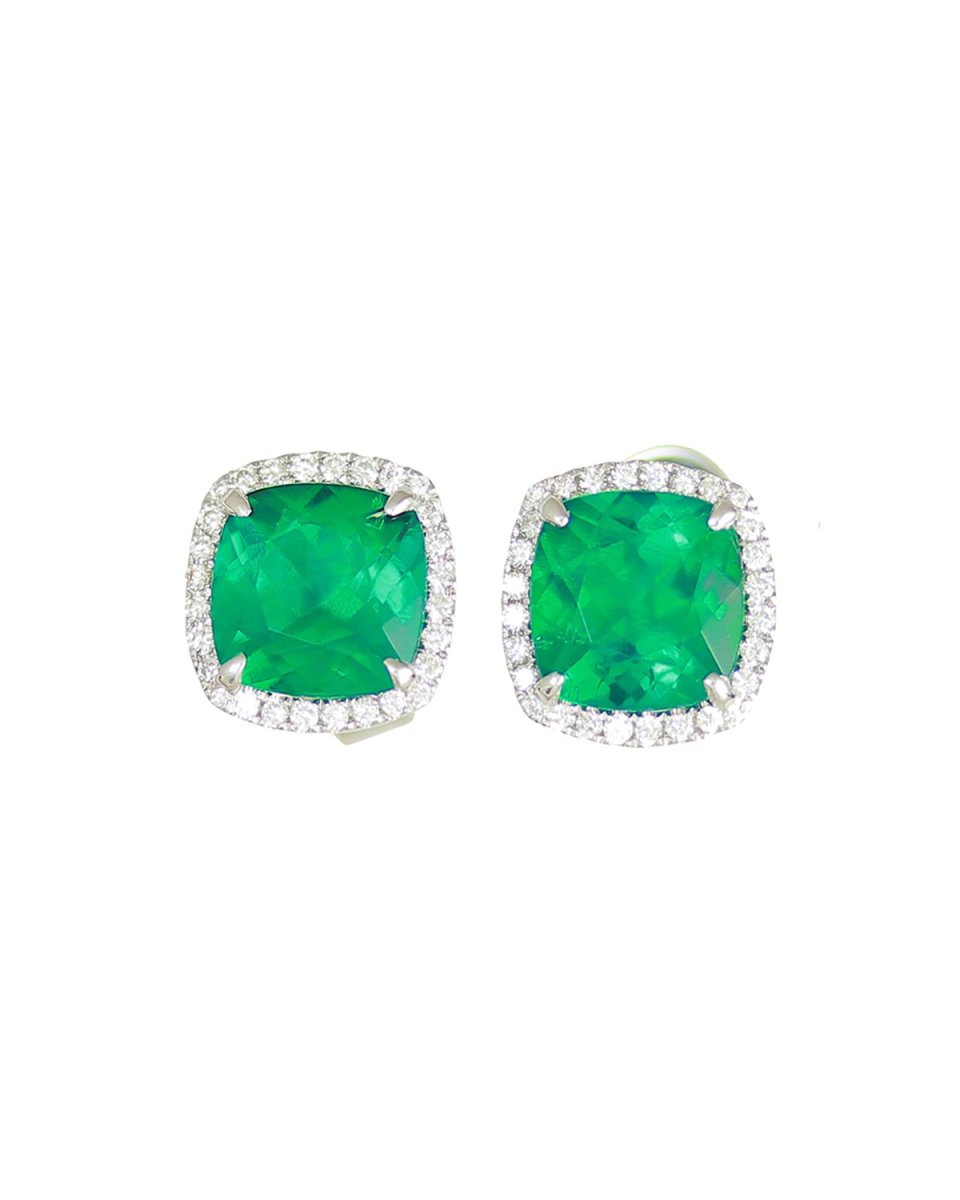 18K White Gold Cushion Lab-Created Emerald & Diamond Halo Stud Earrings