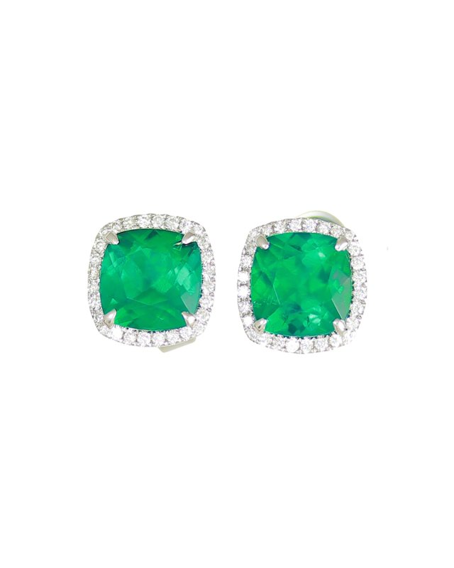 18K White Gold Cushion Lab-Created Emerald & Diamond Halo Stud Earrings